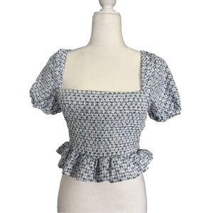 Floral‎ Milkmaid Smocked Crop Top Boho Cottagecore Peasant Blouse Puff Sleeve Sm